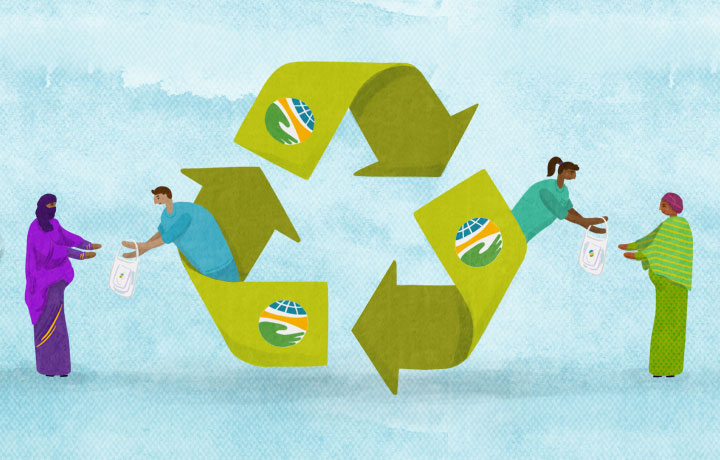 image of the universal recycling logo with care workers passing along supplies